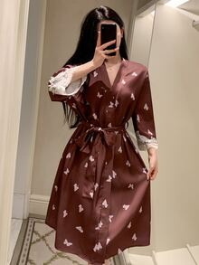 DAZY Summer Vacation Style Elegant Butterfly & Fruit Pattern All-Over Print Lace Patchwork Women's Nightgown Fall - Coffee Brown - View 3