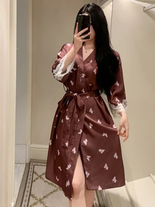 DAZY Summer Vacation Style Elegant Butterfly & Fruit Pattern All-Over Print Lace Patchwork Women's Nightgown Fall - Coffee Brown - View 5