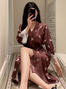 DAZY Summer Vacation Style Elegant Butterfly & Fruit Pattern All-Over Print Lace Patchwork Women's Nightgown Fall - Coffee Brown - View 4