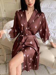 DAZY Summer Vacation Style Elegant Butterfly & Fruit Pattern All-Over Print Lace Patchwork Women's Nightgown Fall - Coffee Brown - View 6