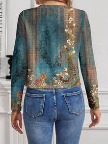 SHEIN Clasi 女式休闲复古花卉图案开衫夹克，适合春夏季 - 藍色 - 查看 2
