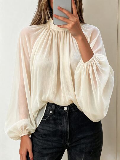 Avenya Autumn/Winter Solid Color Textured Sheer Elegant Chiffon Loose Fit Stand Collar Tie Back Women's Blouse, Suitable For Vacation, Beach, Date, Daily Casual Commute Wear
