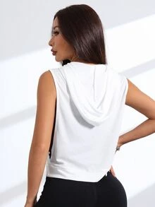 Eassivo Eassivo Letter Embroidery Sleeveless Drawstring Hooded Sports Sweatshirt - White - View 7
