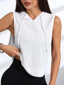 Eassivo Eassivo Letter Embroidery Sleeveless Drawstring Hooded Sports Sweatshirt - White - View 5