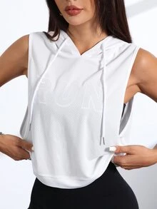 Eassivo Eassivo Letter Embroidery Sleeveless Drawstring Hooded Sports Sweatshirt - White - View 4