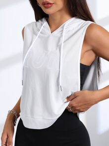 Eassivo Eassivo Letter Embroidery Sleeveless Drawstring Hooded Sports Sweatshirt - White - View 8