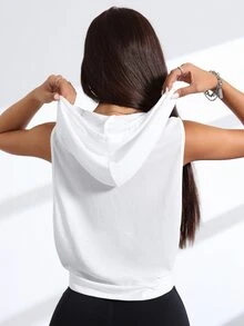 Eassivo Eassivo Letter Embroidery Sleeveless Drawstring Hooded Sports Sweatshirt - White - View 2