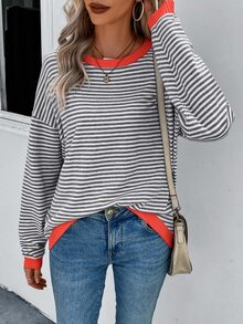EMERY ROSE Striped Pattern Contrast Trim Drop Shoulder Sweater - Multicolor - View 5