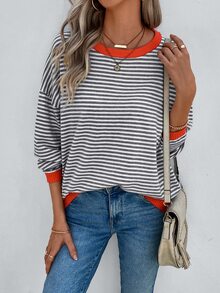 EMERY ROSE Striped Pattern Contrast Trim Drop Shoulder Sweater - Multicolor - View 3