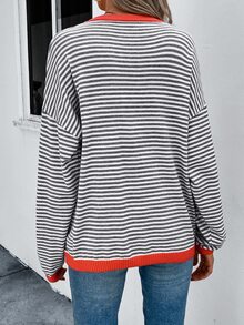EMERY ROSE Striped Pattern Contrast Trim Drop Shoulder Sweater - Multicolor - View 2