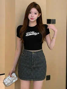 DAZY 女款原色牛仔裙，夏季海灘度假運動休閒 70s 80s 深灰色牛仔裙 - 黑色 - 查看 6
