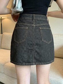 DAZY 女款原色牛仔裙，夏季海灘度假運動休閒 70s 80s 深灰色牛仔裙 - 黑色 - 查看 2