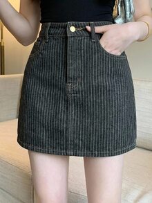 DAZY 女款原色牛仔裙，夏季海灘度假運動休閒 70s 80s 深灰色牛仔裙 - 黑色 - 查看 8
