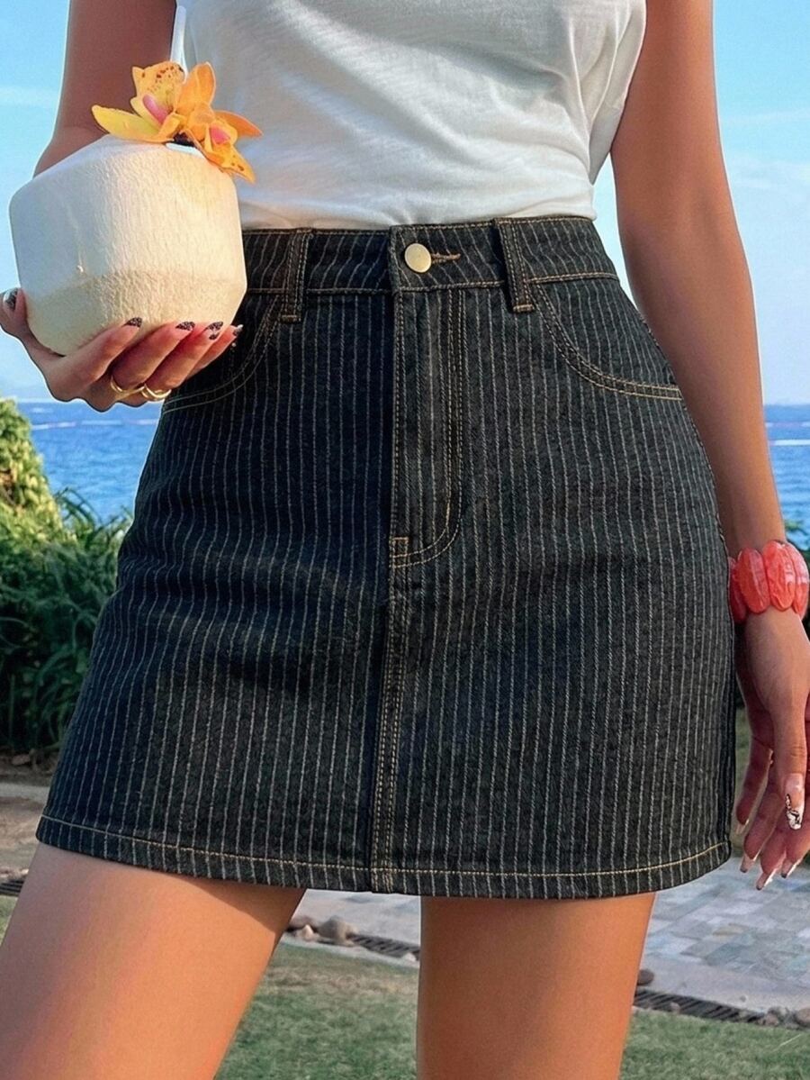 DAZY 女款原色牛仔裙，夏季海灘度假運動休閒 70s 80s 深灰色牛仔裙 - 黑色 - 查看 1