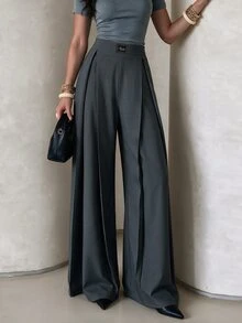 Seusyu 女款灰色編織抓皺寬腿黑色丹寧優雅通勤休閒長褲 - 灰色 - 查看 4