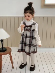 Dazy Kids Young Girl Woven Bow Decor Plaid Dress Fall - Brown - View 7