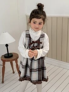 Dazy Kids Young Girl Woven Bow Decor Plaid Dress Fall - Brown - View 5