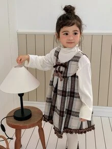 Dazy Kids Young Girl Woven Bow Decor Plaid Dress Fall - Brown - View 6