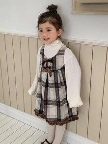 Dazy Kids Young Girl Woven Bow Decor Plaid Dress Fall - Brown - View 2