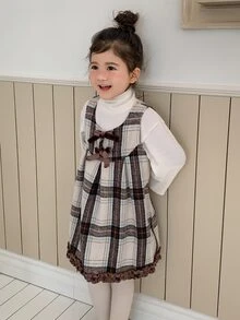 Dazy Kids Young Girl Woven Bow Decor Plaid Dress Fall - Brown - View 4