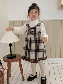 Dazy Kids Young Girl Woven Bow Decor Plaid Dress Fall - Brown - View 1