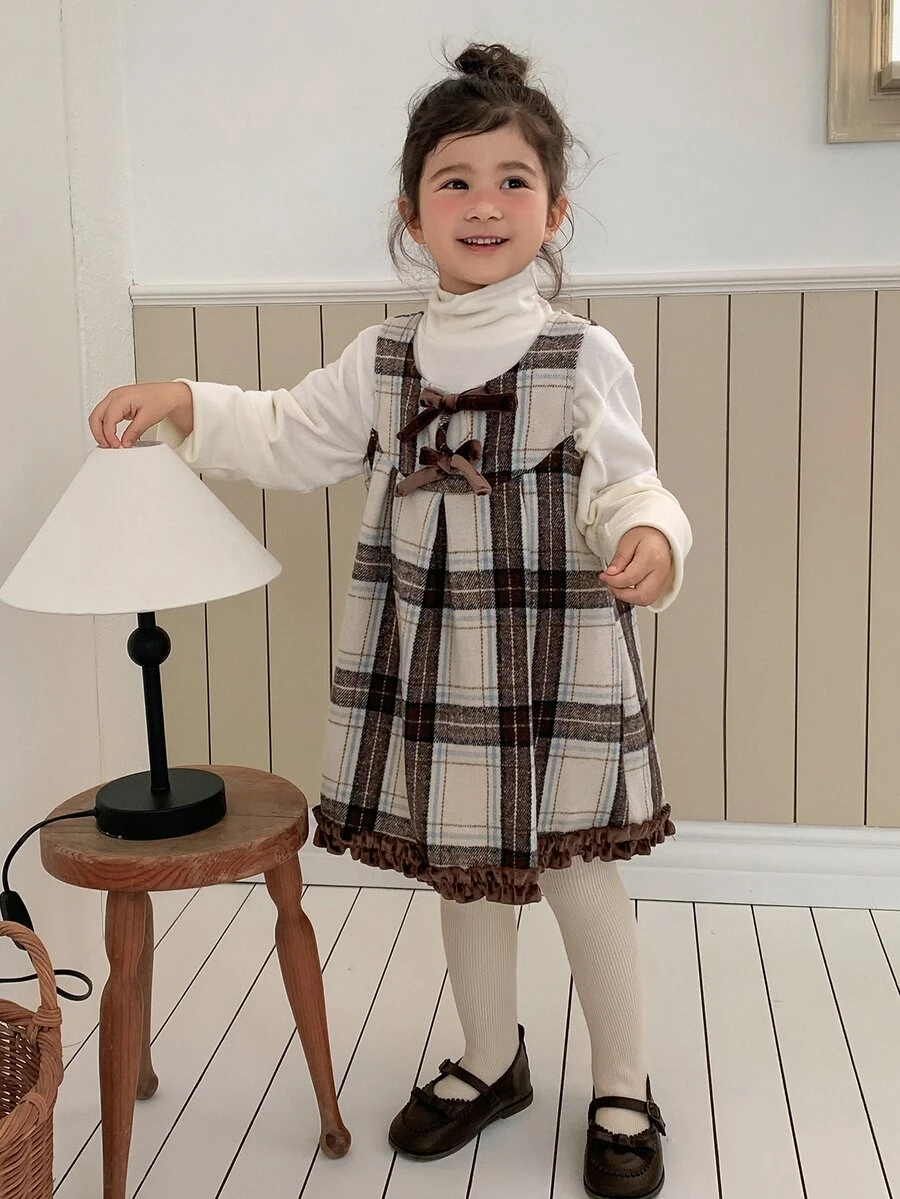 Dazy Kids Young Girl Woven Bow Decor Plaid Dress Fall - Brown - View 1