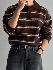 DAZY Brown Base Blue & White Striped Polo Collar Brushed Design Autumn/Winter Men's Sweater - Coffee Brown - View 5