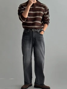 DAZY Brown Base Blue & White Striped Polo Collar Brushed Design Autumn/Winter Men's Sweater - Coffee Brown - View 4