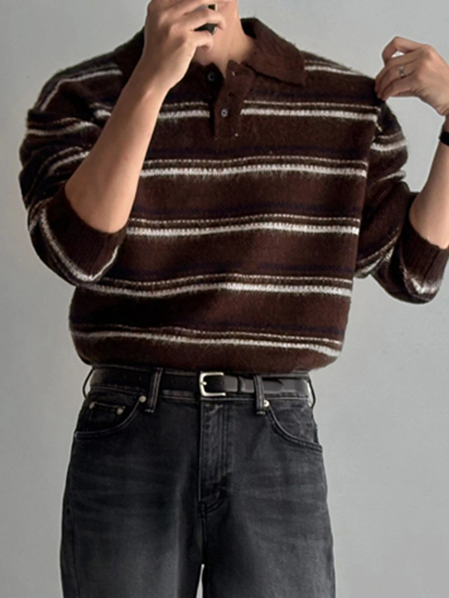 DAZY Brown Base Blue & White Striped Polo Collar Brushed Design Autumn/Winter Men's Sweater - Coffee Brown - View 1