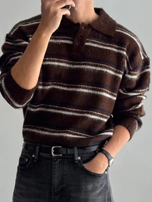 DAZY Brown Base Blue & White Striped Polo Collar Brushed Design Autumn/Winter Men's Sweater - Coffee Brown - View 2
