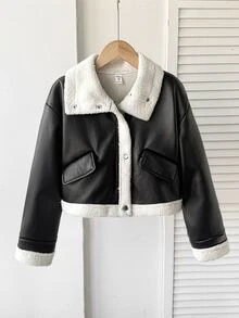SHEIN 少女秋/冬季休閒街頭甜酷機車夾克，PU複合保暖內裡加厚翻領口袋寬鬆版型PU夾克外套，黑色 - 黑色 - 查看 3