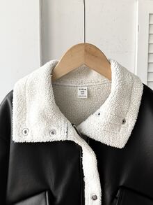 SHEIN 少女秋/冬季休閒街頭甜酷機車夾克，PU複合保暖內裡加厚翻領口袋寬鬆版型PU夾克外套，黑色 - 黑色 - 查看 5