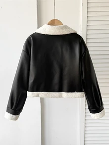 SHEIN 少女秋/冬季休閒街頭甜酷機車夾克，PU複合保暖內裡加厚翻領口袋寬鬆版型PU夾克外套，黑色 - 黑色 - 查看 4
