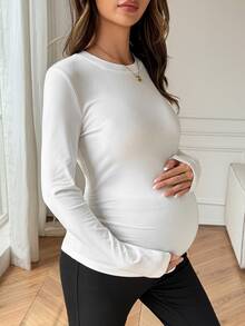 Dazy Maternity Solid Color Slim Fit Round Neck Long Sleeve Casual Soft Vacation Korean Style Spring Autumn Maternity T-Shirt Formal Photoshoot White - White - View 4