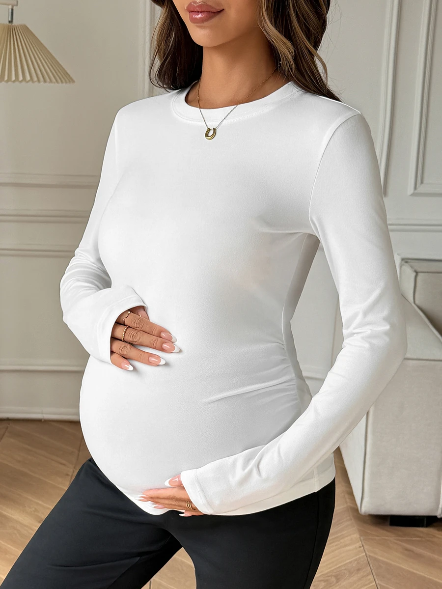 Dazy Maternity Solid Color Slim Fit Round Neck Long Sleeve Casual Soft Vacation Korean Style Spring Autumn Maternity T-Shirt Formal Photoshoot White - White - View 1