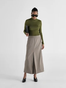 KSTM Rok Maxi Potongan Rapi dengan Belahan Depan dan Saku Samping, Siluet A-Line Pinggang Tinggi, Kain Tenun, Panjang Midi, Pakaian Kantor Elegan - Grey - View 4
