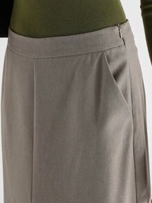 KSTM Rok Maxi Potongan Rapi dengan Belahan Depan dan Saku Samping, Siluet A-Line Pinggang Tinggi, Kain Tenun, Panjang Midi, Pakaian Kantor Elegan - Grey - View 5