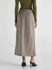 KSTM Rok Maxi Potongan Rapi dengan Belahan Depan dan Saku Samping, Siluet A-Line Pinggang Tinggi, Kain Tenun, Panjang Midi, Pakaian Kantor Elegan - Grey - View 6