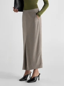 KSTM Rok Maxi Potongan Rapi dengan Belahan Depan dan Saku Samping, Siluet A-Line Pinggang Tinggi, Kain Tenun, Panjang Midi, Pakaian Kantor Elegan - Grey - View 3