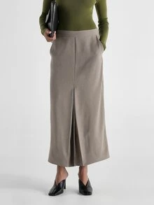 KSTM Rok Maxi Potongan Rapi dengan Belahan Depan dan Saku Samping, Siluet A-Line Pinggang Tinggi, Kain Tenun, Panjang Midi, Pakaian Kantor Elegan - Grey - View 1