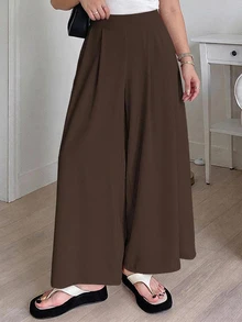 Dazy Plus Plus Size Women Solid Color Casual Versatile Wide Leg Pants For Daily Wear Fall - Brown - View 3