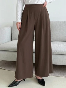 Dazy Plus Plus Size Women Solid Color Casual Versatile Wide Leg Pants For Daily Wear Fall - Brown - View 7