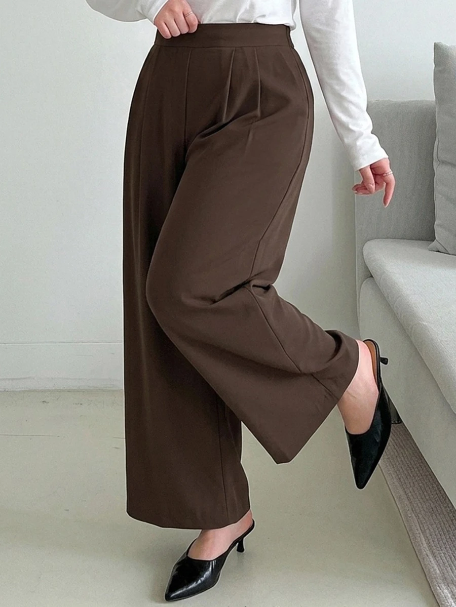 Dazy Plus Plus Size Women Solid Color Casual Versatile Wide Leg Pants For Daily Wear Fall - Brown - View 1