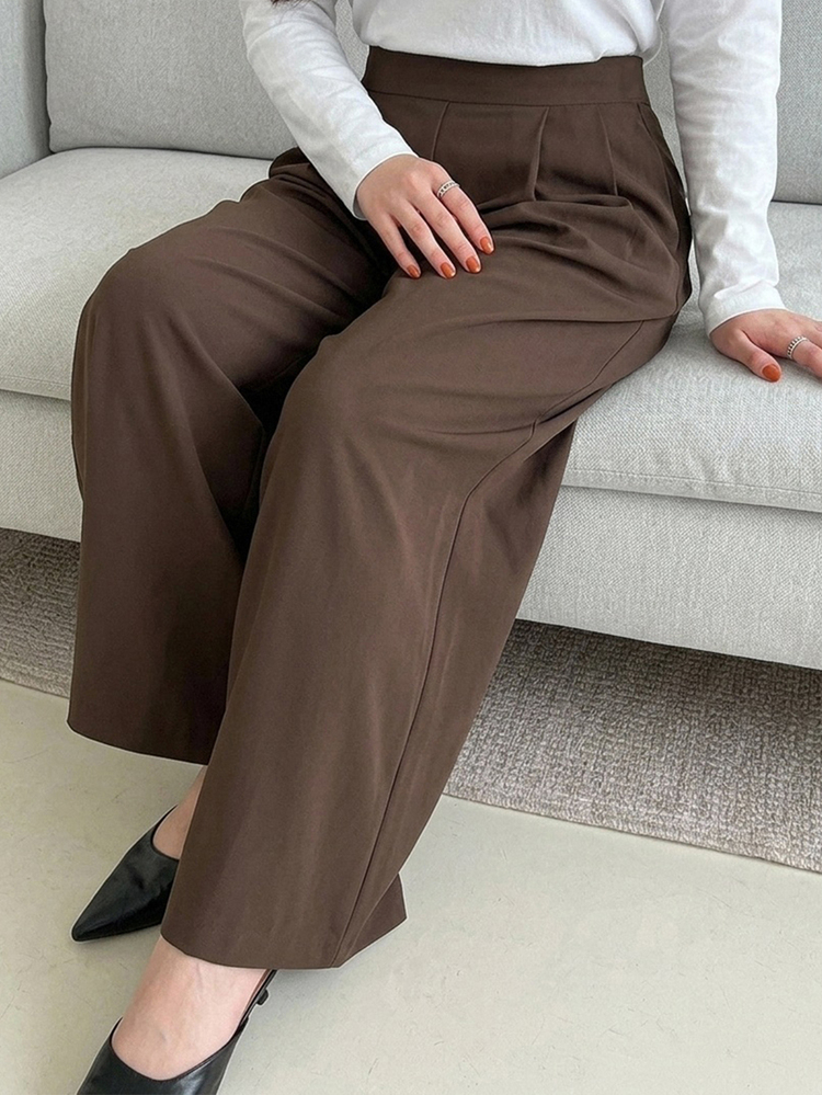 Dazy Plus Plus Size Women Solid Color Casual Versatile Wide Leg Pants For Daily Wear Fall - Brown - View 5