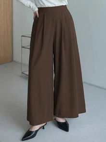 Dazy Plus Plus Size Women Solid Color Casual Versatile Wide Leg Pants For Daily Wear Fall - Brown - View 4