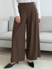 Dazy Plus Plus Size Women Solid Color Casual Versatile Wide Leg Pants For Daily Wear Fall - Brown - View 6