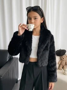 SHEIN 青少年女孩秋冬休閒法式優雅黑色人造毛領夾克，適合返校、派對、日常穿著 - 黑色 - 查看 1