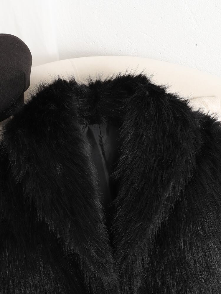 SHEIN Tween Girls Autumn/Winter Casual French Elegant Black Faux Fur Collar Jacket, Suitable For Back To School, Party, Daily Wear - Black - View 5