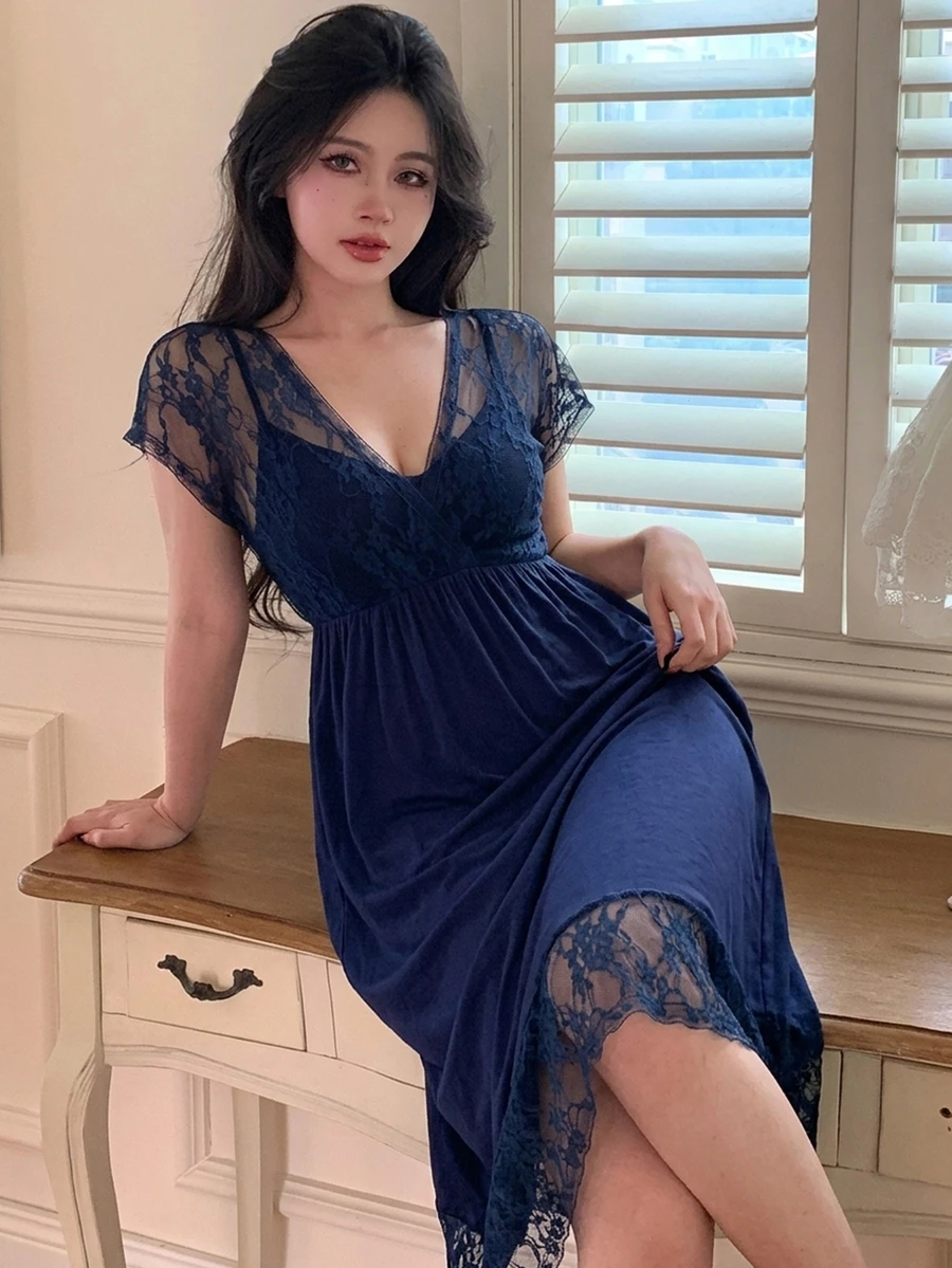 DAZY Lace Patchwork Sheer V-Neck Elegant Nightgown - Navy Blue - View 1