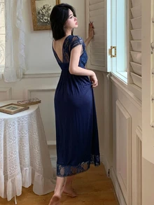 DAZY Lace Patchwork Sheer V-Neck Elegant Nightgown - Navy Blue - View 2